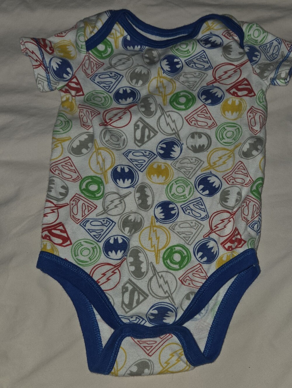 Justice League Logos 12 Months Baby Bodysuit Onesie White Blue Red Yellow Gray.